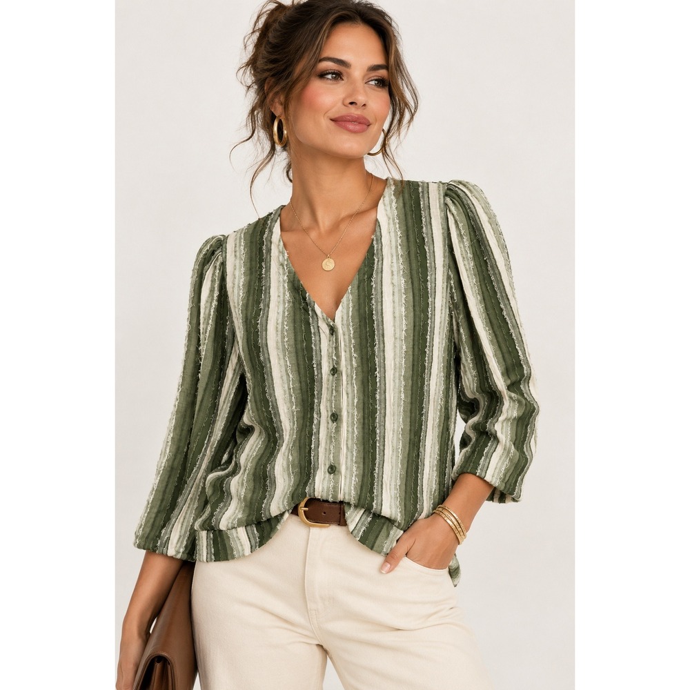 Pale Sky Millie Olive Green Striped Textured Button Front Knit Top Large NEW